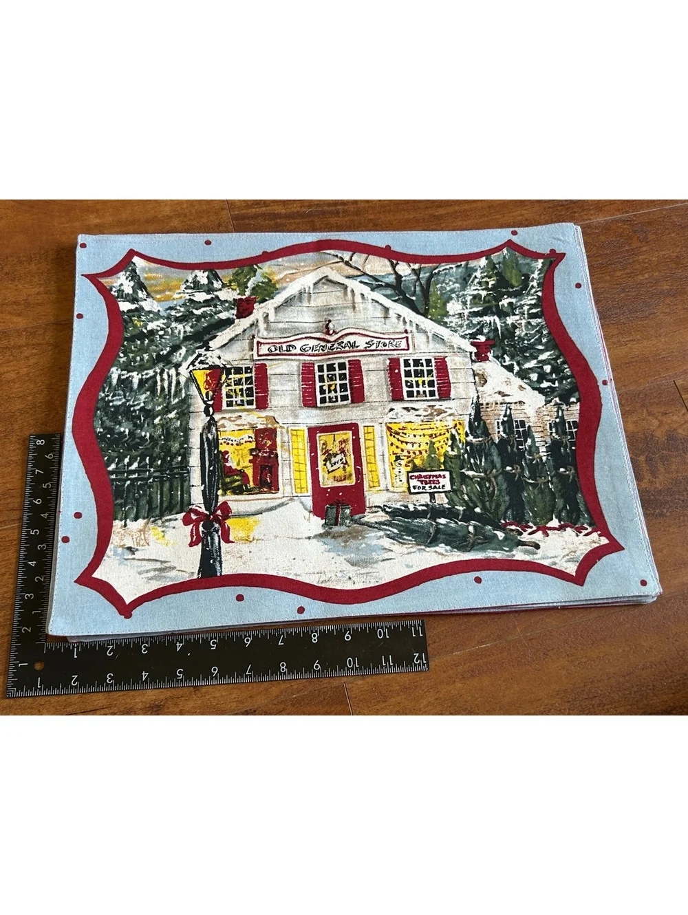 Set of 6 Vintage Holiday Placements with Old General Store Winter Scene